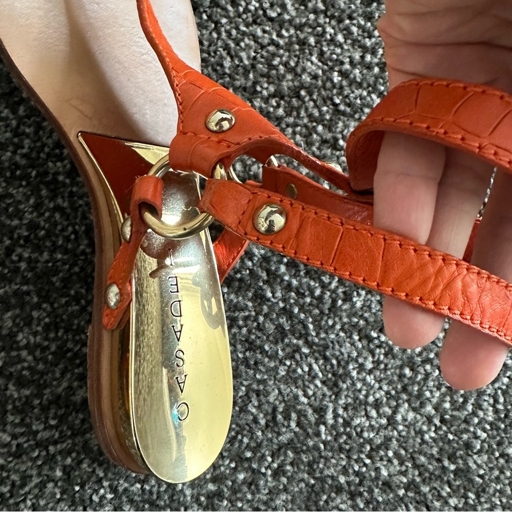 Casadei Orange Croc Embossed Studded Thong Flat Sandals Made In Italy - Picture 3 of 10